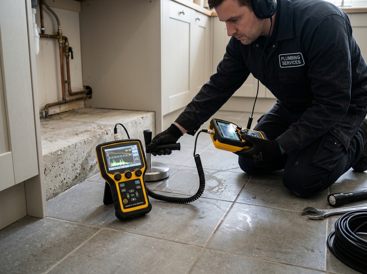Electronic slab leak detection equipment listening through concrete slab in Missouri City